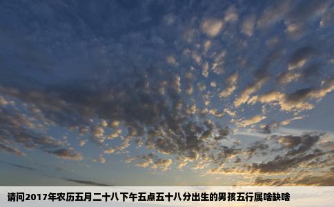 请问2017年农历五月二十八下午五点五十八分出生的男孩五行属啥缺啥