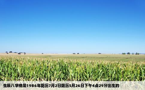生辰八字他是1986年阳历7月2日阴历5月26日下午4点29分出生的